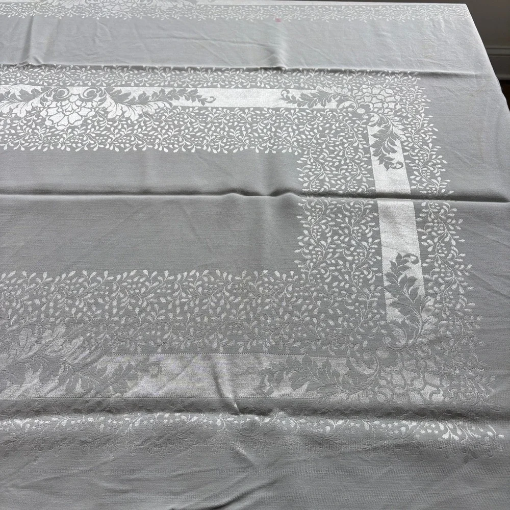 Silver Damask Tablecloth and 12 Matching Napkins Set Floral Jacquard Rectangular